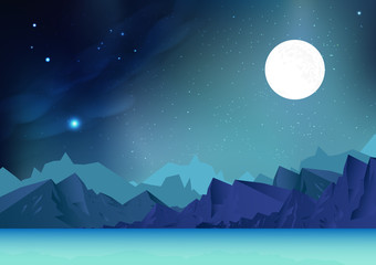 fantasy mountains abstract background vector illustration with planet and galaxy space, stars scatte