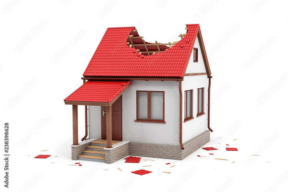 3d rendering of a private white house with damaged red roof isolated on white background - obrazy, fototapety, plakaty 