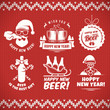 New year craft beer badges and stickes. Vector christmas beer logos with Santa, bottles, mugs, sleigh and holiday decoration for bar or pub. Vintage knitted sweater background.