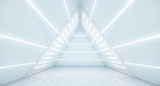 Fototapeta Przestrzenne - Abstract Triangle Spaceship corridor. Futuristic tunnel with light. Future interior background, business, sci-fi science concept. 3d rendering