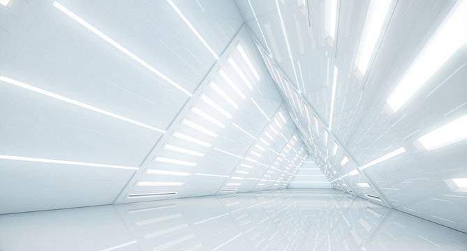 Abstract Triangle Spaceship corridor. Futuristic tunnel with light. Future interior background, business, sci-fi science concept. 3d rendering