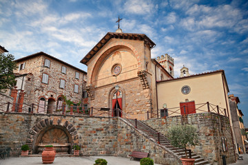 Sticker - Radda in Chianti, Siena, Tuscany, Italy: the ancient church and fountain