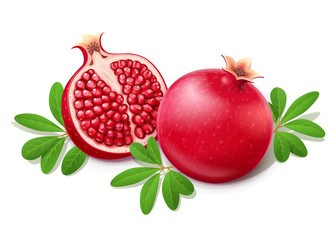 Wall Mural - Ripe juicy pomegranate. Cuted Fruit with green leaves.