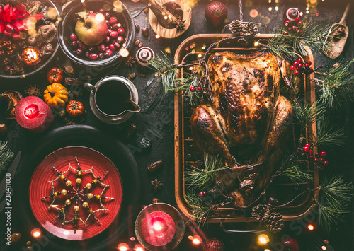 Christmas Dinner Table With Whole Roasted Turkey Stuffed With