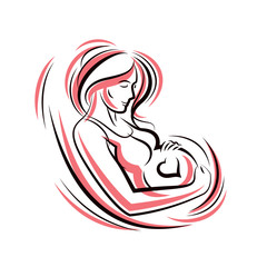 Pregnant woman elegant body silhouette placed in decorative heart shape frame, sketchy vector illustration. Love and gentle feeling concept.