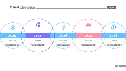 Wall Mural - Five circle timeline and size diagram. Chart, slide, template. Creative concept for infographics, presentation, project, report. Can be used for topics like business, strategy, development