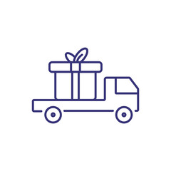 Truck carrying gift box line icon. Gift delivery, delivery service, New Year present. Christmas concept. Vector illustration can be used for topics like holiday, service, logistics