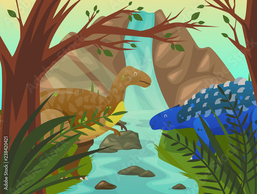 Photo Dinosaur velociraptor and stegosaurus at nature