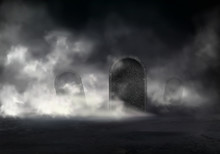 Old Cemetery At Night Realistic Vector With Sloping Gravestones Covered Thick Fog In Darkness Illustration. Mysterious Mist On Graveyard. Creepy Halloween Background With Mystical Scene In Moonlight