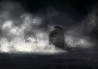 Wall Mural - Old cemetery at night realistic vector with sloping gravestones covered thick fog in darkness illustration. Mysterious mist on graveyard. Creepy Halloween background with mystical scene in moonlight