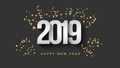 Wall Mural - greeting card. happy new year 2019 golden confetti