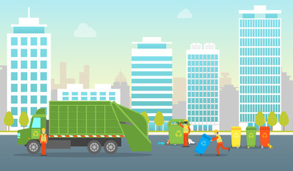 Wall Mural - Cartoon Working with Garbage in City Card Poster. Vector