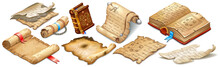 Set Isometric Books Of Magic Spells And Witchcraft, Royal Scrolls And Parchments, Old Sheets Of Paper For Computer Game. Fairy Tale Icon In Cartoon Style. Isolated 3d Vector Illustration.