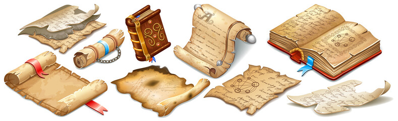 Set isometric books of magic spells and witchcraft, royal scrolls and parchments, old sheets of paper for computer game. Fairy tale icon in cartoon style. Isolated 3d vector illustration.