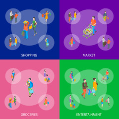 Sticker - Shopping People 3d Banner Set Isometric View. Vector