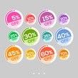 © nSandr - Set of abstract colorful round sale stickers. Multicolor retro design on white background. Elements for web page ad, tickets, discount offer price labels, badges, coupons, flyers etc. In EPS