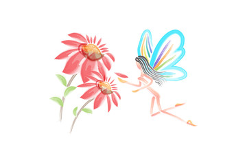 Watercolor flowers with a fairy girl butterfly vector image