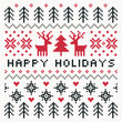 Vector Scandinavian style Happy Holidays card in red, cream and charcoal with reindeer, trees, snowflakes and hearts. Square format pixel design with text greeting for cards, posters and flyers.
