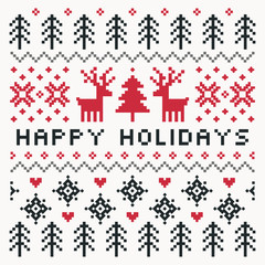 Vector Scandinavian style Happy Holidays card in red, cream and charcoal with reindeer, trees, snowflakes and hearts. Square format pixel design with text greeting for cards, posters and flyers.