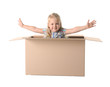© New Africa - Cute little girl playing with cardboard box on white background
