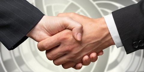 Business handshake and business people on background