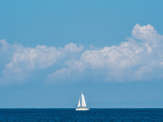 Wall Mural - White sailing boat on the horizon with clouds in the background