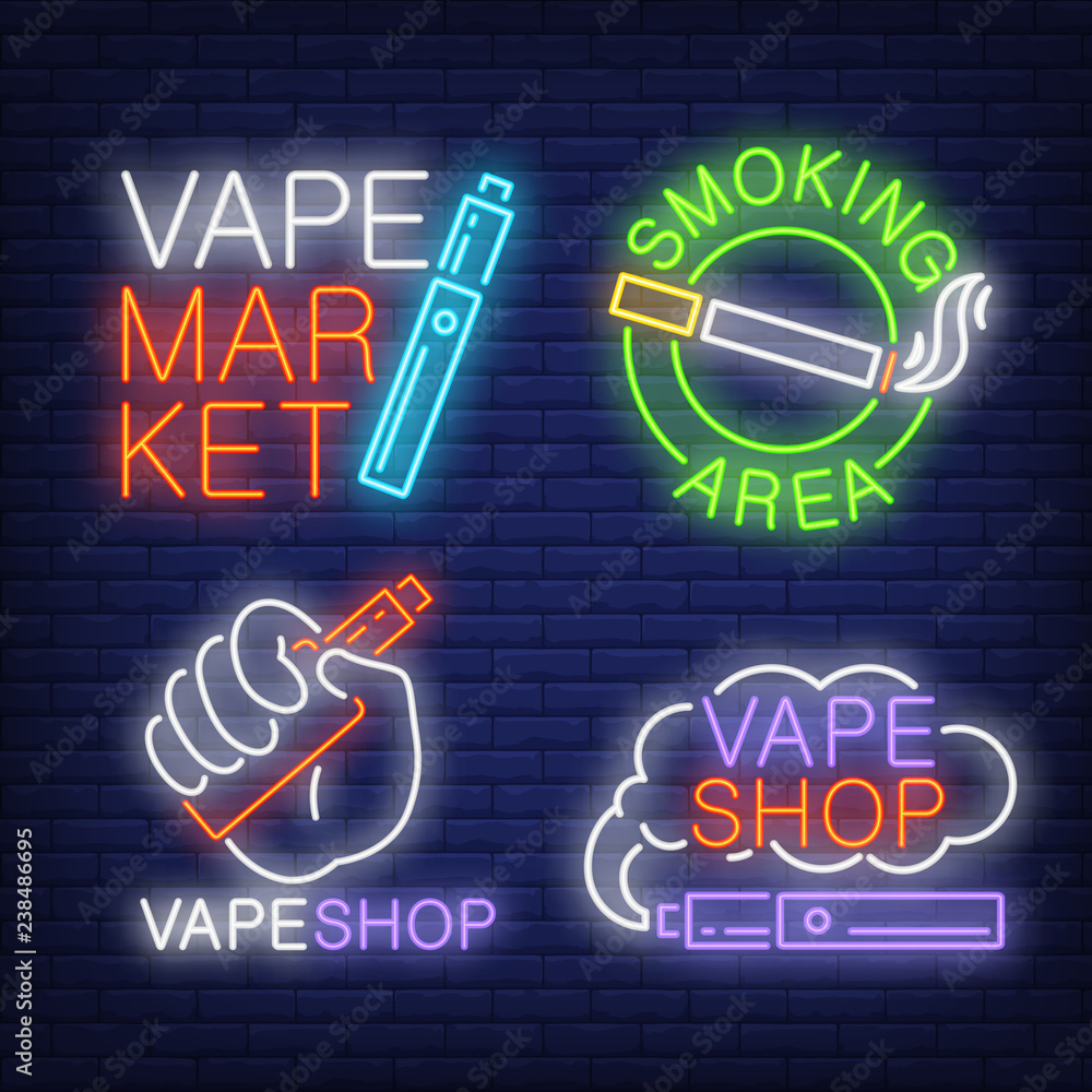 Vector de Stock Tobacco and electronic cigarettes neon signs set with text.  Vape shop and smoking design elements. Night bright neon sign, colorful  billboard, light banner. Vector illustration in neon style. |