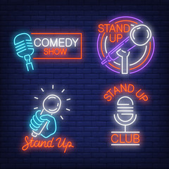 Poster - Stand up show neon signs set with microphones. Concert and entertainment design elements. Night bright neon sign, colorful billboard, light banner. Vector illustration in neon style.