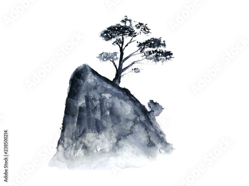 Watercolor Ink Landscape Tree Chinese Mountain Fog