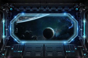 Poster - Dark spaceship interior with large window view 3D rendering