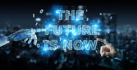 Fototapete - White cyborg hand using future decision text interface 3D rendering