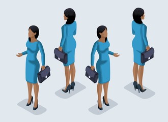 Wall Mural - Isometry is a business woman. 3d girl of an African American office worker, in a business dress front view and rear view. Human icon for vector illustrations