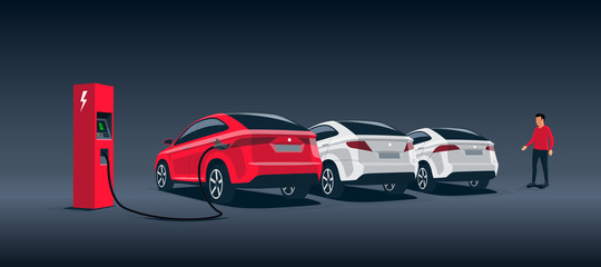 Vector illustration of a luxury red electric car suv charging at the charger station during night time low demand electricity. Other white cars parked behind along the road with a walking man. 