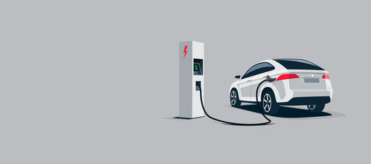 vector illustration of a luxury white electric car suv charging at the electro charger station. car 