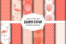 Cute Set Of Seamless Patterns In Color Of 2019 Year Living Coral. Vector Illustration.