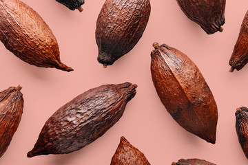 Wall Mural - Cocoa pods on a pink background, creative flat lay food concept