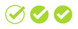 Set of green tick icons. Vector symbols set, checkmarks collection isolated on white background. Checked icon or correct choice sign. Check mark or checkbox pictogram.