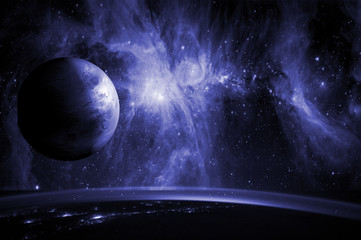 Wall Mural - close up planet earth biosphere in space with stars and galaxy on background. elements of this image