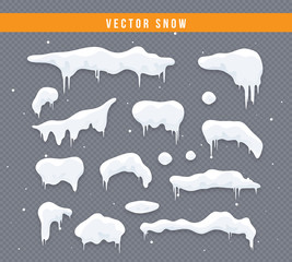 Wall Mural - Snow caps, snowballs and snowdrifts set. Snow cap vector collection. Winter decoration element. Snowy elements on winter background. Cartoon template. Snowfall and snowflakes in motion. Illustration.