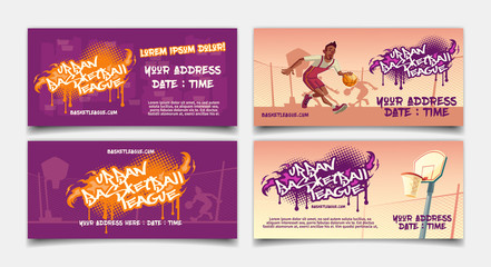 Urban basketball league competition cartoon vector horizontal flyer or banner template set with african-american street basketball player dribbling on outdoor court illustration. Amateur sports cup ad