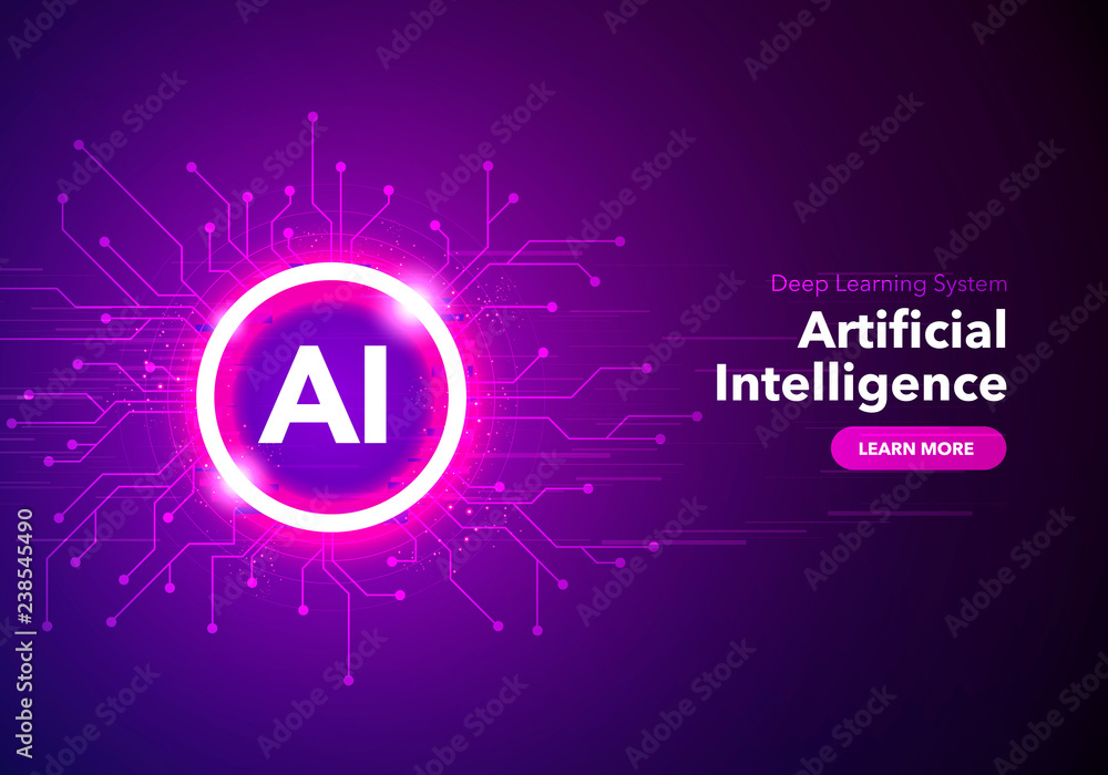 Vector Illustration artificial Intelligence landing page. Website template for ai machine deep learning technology sci-fi concept. - obrazy, fototapety, plakaty 