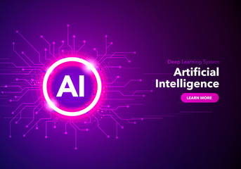 Vector Illustration artificial Intelligence landing page. Website template for ai machine deep learning technology sci-fi concept.