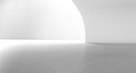 Empty abstract white space with curve wall. Modern blank showroom with floor. Future concept background. 3d rendering.