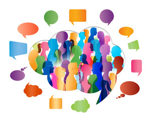 Wall Mural - Crowd talking. Group of people talking. Speech bubble. Communication. Colored silhouette people profile in cloud shape