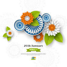 Indian Republic Day Holiday Design. 3d Wheels, Flowers With Leaves In Traditional Tricolor Of Indian Flag. Paper Cut Style. White Background. Vector Illustration.