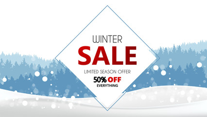 Wall Mural - Winter sale banner, vector illustration with winter landscape. Special offer.