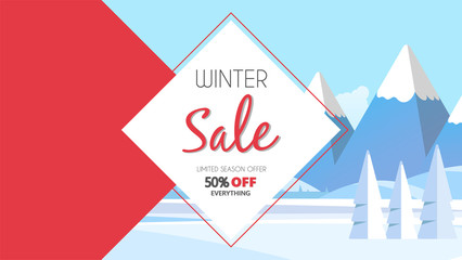 Wall Mural - Winter sale banner, vector illustration with winter landscape. Special offer.