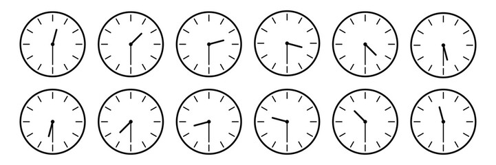 Wall Mural - horizontal set of analog clock icon notifying each half an hour time isolated on white,vector illust