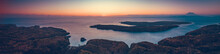 Sunset Panoramic Overview Of Indonesia Shoreline And Ocean. Aerial Drone Shot Of Asian Wild Nature. Breathtaking Landscape. Sunset Over The Indonesian Land And Calm Ocean. Bright Colorful Sky.