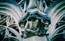 Czech Republic, Brno City, Gothic Sculpture On The Cathedral Facade. Old Statue, Medieval Church Exterior.